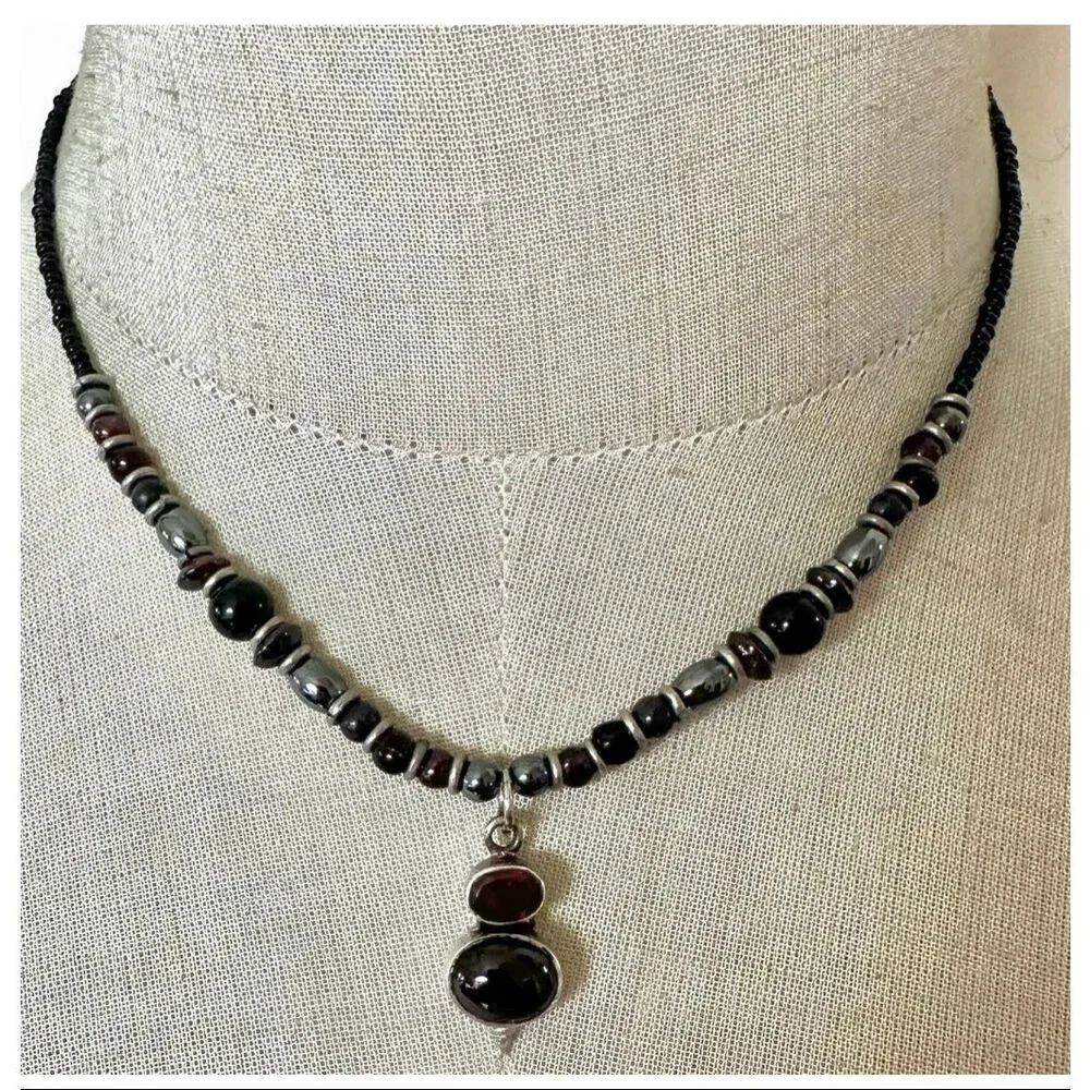 Sterling Silver Garnet Stone Beaded Necklace Artisan Pendant 925